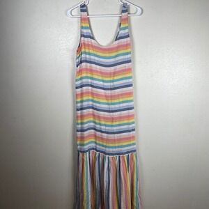 Self Contrast Rainbow Striped Maxi Dress Womens Medium Scoop Ruffle Hem